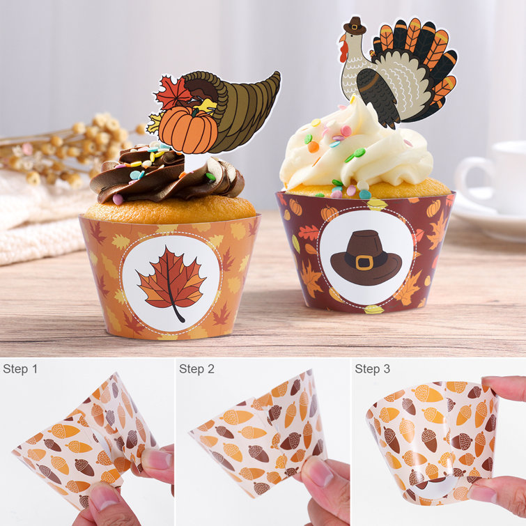 pixnor 48PCS Thanksgiving Cupcake Toppers And Wrappers Cupcake Cake